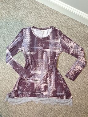 LOGO by Lori Goldstein Mauve Plaid Lace-Hem Long Sleeve Tee